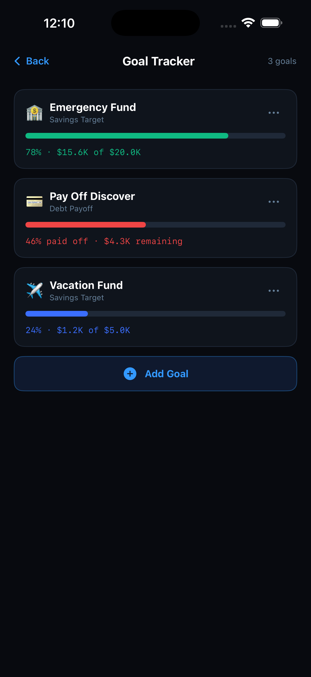 Goal tracker screen